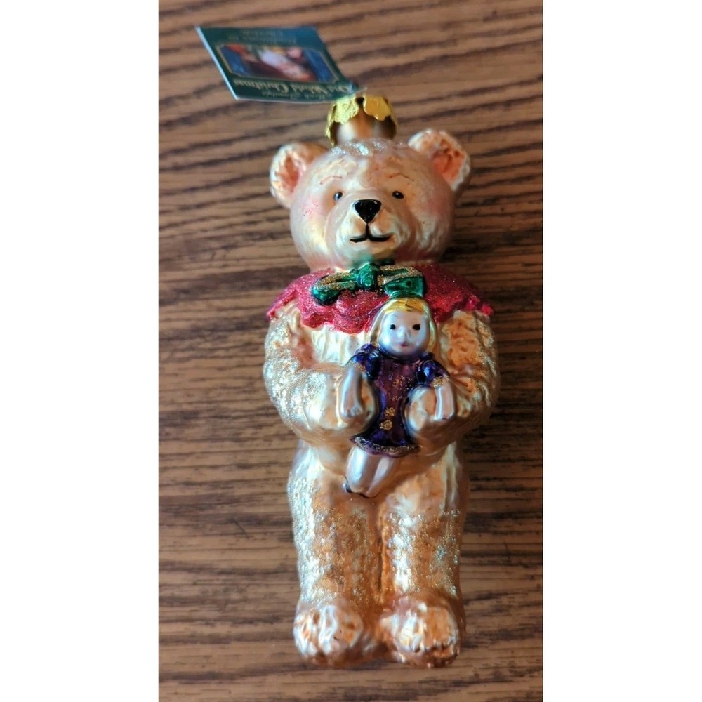 New Glass OLD WORLD CHRISTMAS ORNAMENT - TEDDY BEAR Holding Little Girl Doll